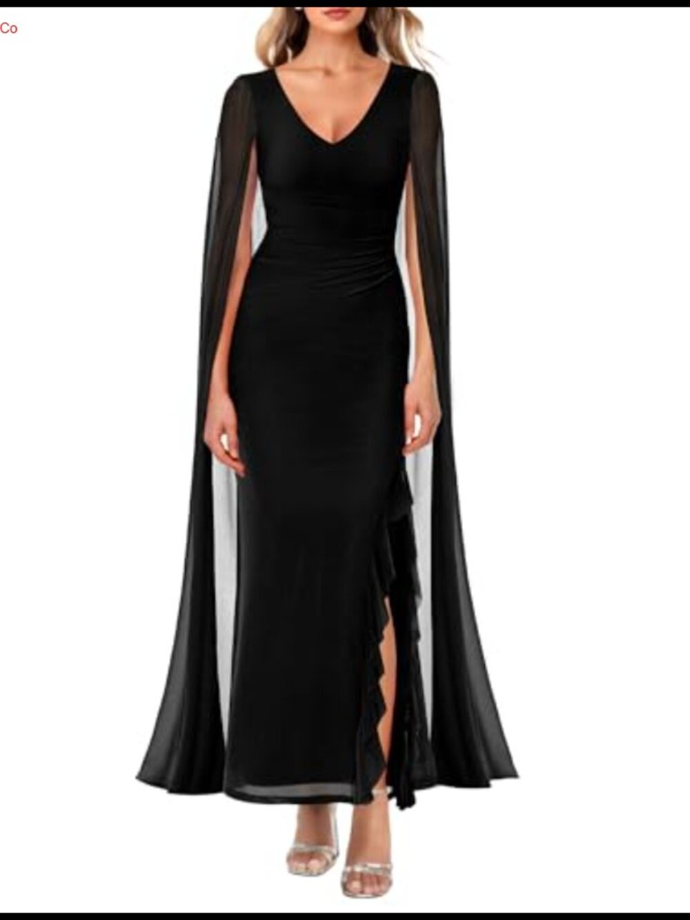 Women's V Neck Flowy Long Sleeve Split Formal Dress Mesh Ruched Cocktail